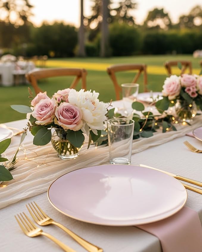 PULOTE 100PCS Pink Plastic Plates - Heavy Duty Pink and Gold Disposable for Party, Wedding, Valentines & Galentines Day, Include 50 Each (Dinner & Dessert) Plates