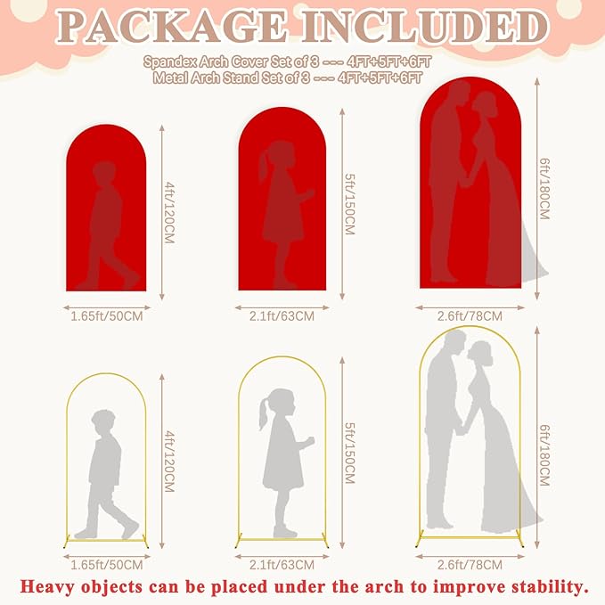 Set of 3 Metal Arch Backdrop Stand and Cover Set 6FT & 5FT & 4FT Gold Balloon Arched Stand Frame with Spandex Arch Cover Red Backdop Covers for Birthday Party Baby Shower Anniversary Decor