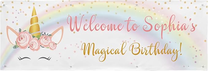 Let's Make Memories Personalized Unicorn Birthday Banner - Happy Birthday Banner for Kids - Custom Party Decorations - Indoor/Outdoor Vinyl - Any Name - Unicorn Party Decor - 8ft