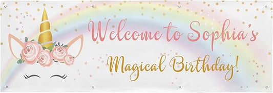 Let's Make Memories Personalized Unicorn Birthday Banner - Happy Birthday Banner for Kids - Custom Party Decorations - Indoor/Outdoor Vinyl - Any Name - Unicorn Party Decor - 8ft