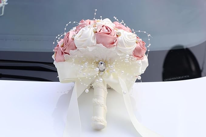 Handmade Wedding Bouquets for Bride Bridesmaid Brooch Bouquet Artificial Holding Flower Tossing Bouquet for Wedding Ceremony Anniversary(Ivory/Pink, 19cm)
