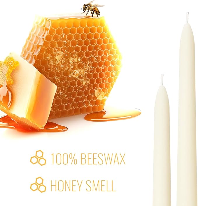 Ivory Beeswax Taper Candles, Unscented and Smokeless Taper Candles, 8-inch Pure Natural Bees Wax for Holiday, Birthday (Pack of 24)