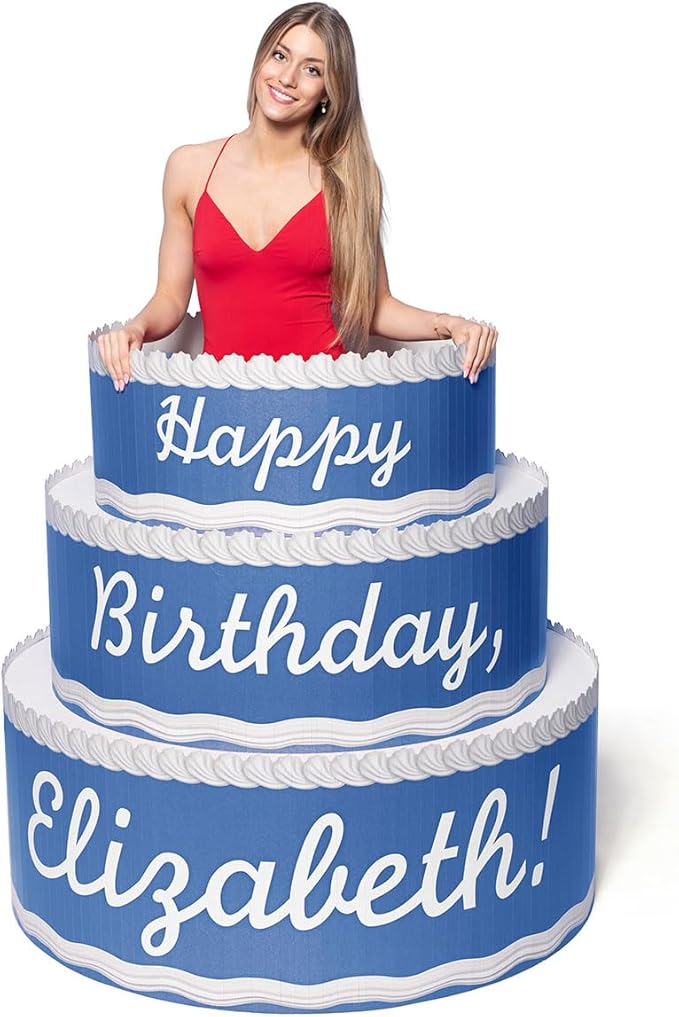 Anderson's Blue & White Personalized Pop-Out Birthday Cake, Life-Size Faux Cake with Fun Font, Custom Name, Surprise Reveal Prop for Milestone Parties, Photo Ops, Store or Business Events, 4'x4'