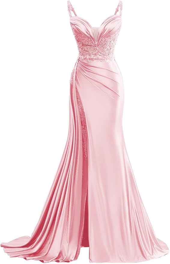 V Neck Satin Prom Dresses Long Mermaid Lace Evening Gown with Slit Pleated Bodycon Formal Dress with Tail