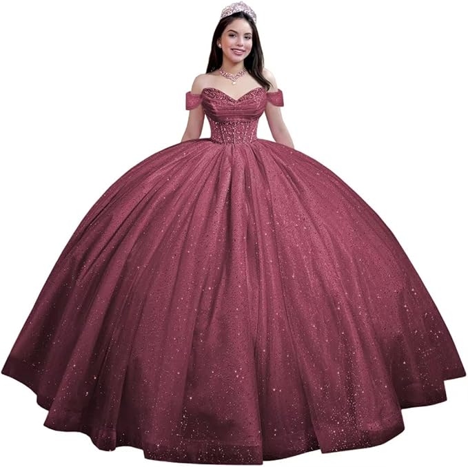 Youjiayi Glitter Tulle Quinceanera Dresses with Train Off Shoulder Beaded Sweet 16 Dresses Pleated Long Ball Gown for Women
