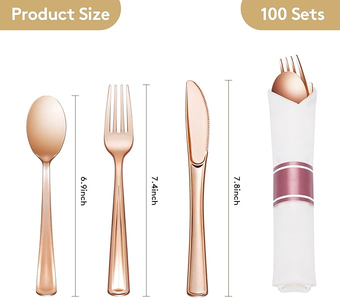 Goodluck 100 Pack Pre Rolled Rose Gold Plastic Silverware, Wrapped Cutlery Set with Napkin Include 100 Forks, 100 Knives, 100 Spoons and 100 Napkins, Fancy Disposable Silverware for Party, Wedding
