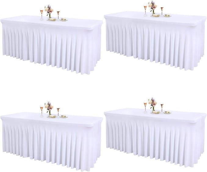 4 Packs White Tableclothes for 8 Foot Rectangle Tables, Wrinkle Resistant Fitted Table Cloth Stretch Spandex Table Covers with Skirt for Event Banquet Wedding Birthday Party