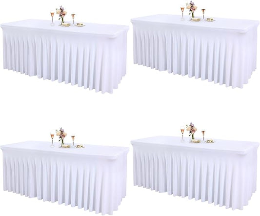 4 Packs White Tableclothes for 8 Foot Rectangle Tables, Wrinkle Resistant Fitted Table Cloth Stretch Spandex Table Covers with Skirt for Event Banquet Wedding Birthday Party