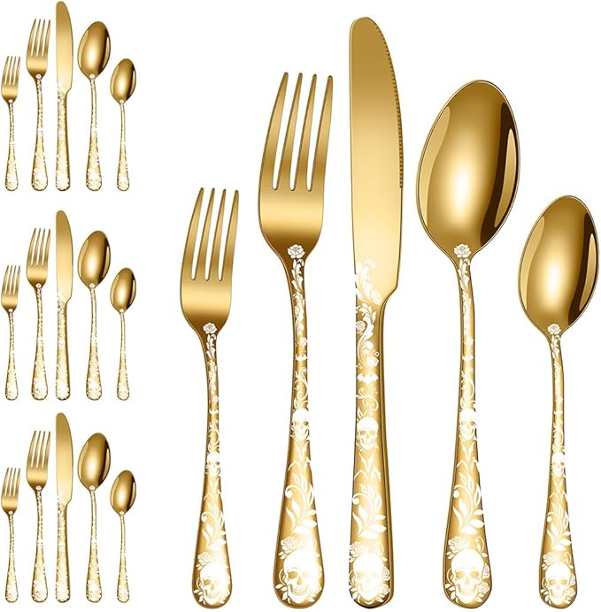 XIAOYU 20 Piece Halloween Skeleton Tableware Silverware Set, Metal Flatware Set Service for 4, Gothic Unique Skull Flower Pattern Design, Skeleton Utensil Cutlery Set for Halloween Easter Christmas