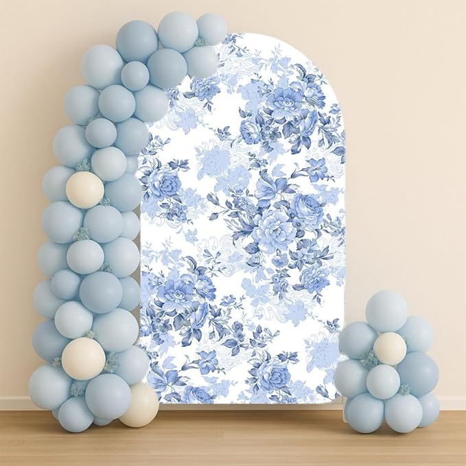 Arch Backdrop Cover Baby in Bloom Baby Shower Arch Stand Spandex Fabric Cover Blue Flowers Floral Pink Bows Girls Birthday Party Baptism Decorations (3X5ft,G-3854)