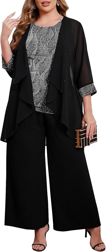 ZOMVA Plus Size 3 Piece Formal Pantsuit Sparkly Chiffon Jacket Set Dressy Outfit Mother of The Bride Groom Wedding Cocktail