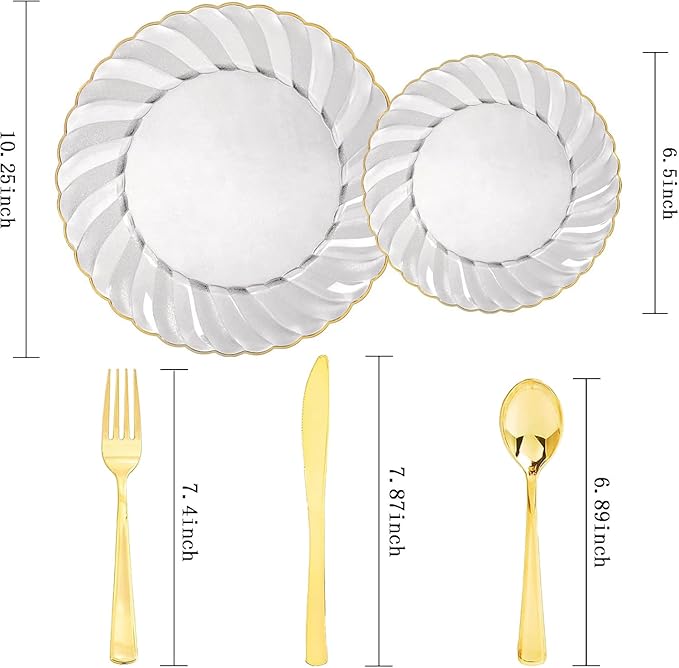 YOUBET 125PCS Clear Black Plastic Plates - Black and Gold Disposable Plates Include 50 Plate, 75 Gold Silverware for Wedding & Party & Birthday