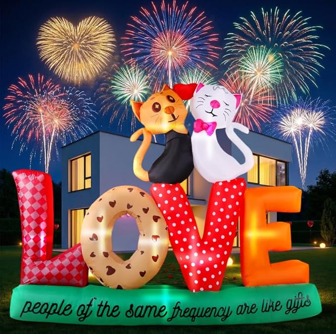 7.2Ft Valentines Inflatables Outdoor Decorations Love Letters Cuddling Cats, LED Blow Up Yard Garden Decor for Wedding Proposal Anniversary, Waterproof Lawn Display with 6 Stakes
