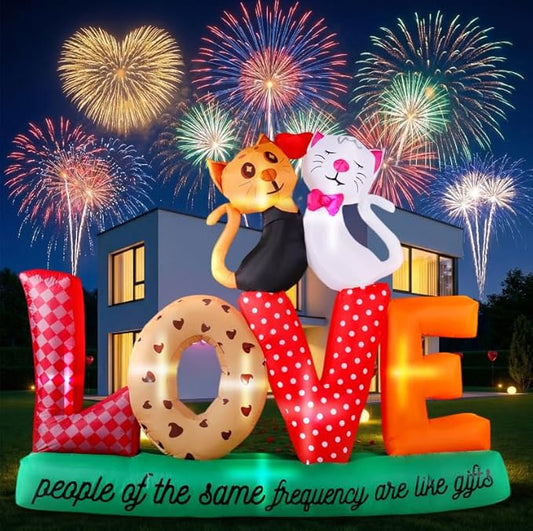7.2Ft Valentines Inflatables Outdoor Decorations Love Letters Cuddling Cats, LED Blow Up Yard Garden Decor for Wedding Proposal Anniversary, Waterproof Lawn Display with 6 Stakes