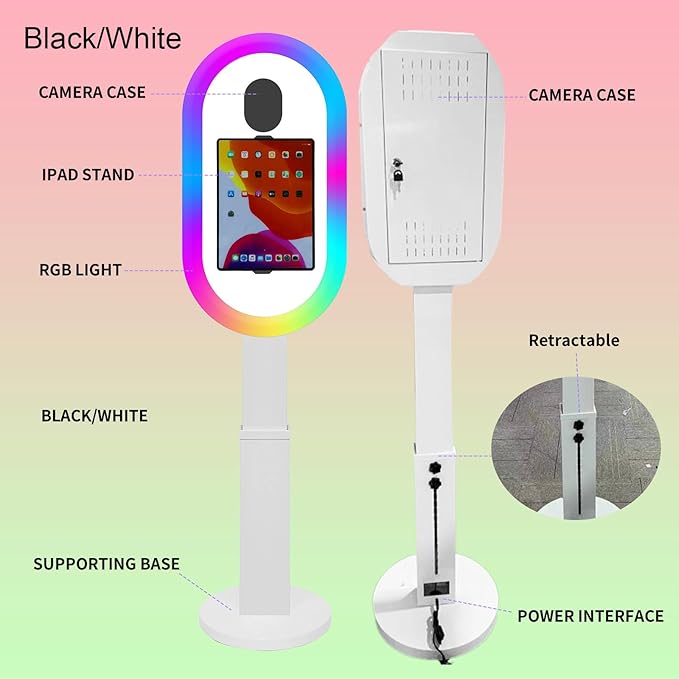 Photo Booth Shell Compatible with iPad Tablet 10.2'' 10.5’’ 10.9'' 11'' 12.9'' 13'' Selfie Protable iPad Photo Booth Machine with Flight Case for Parties Wedding Rental (White, Photo Booth Machine)