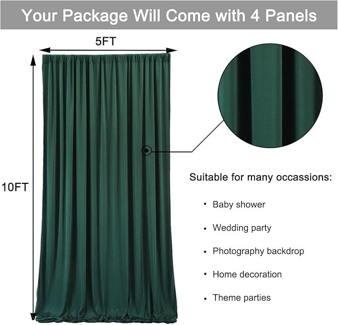 20 ft x 10 ft Wrinkle Free Hunter Green Backdrop Curtain for Parties, Polyester Dark Green Photo Backdrop Drapes 4 Panels 5x10ft for Baby Shower Wedding Birthday Party Photography Curtains