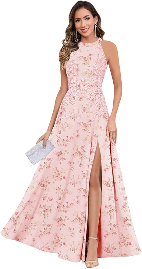 GUKARLEED Halter Lace Appliques Mother of The Bride Dresses for Women Long A-line Formal Wedding Guest Dress with Slit