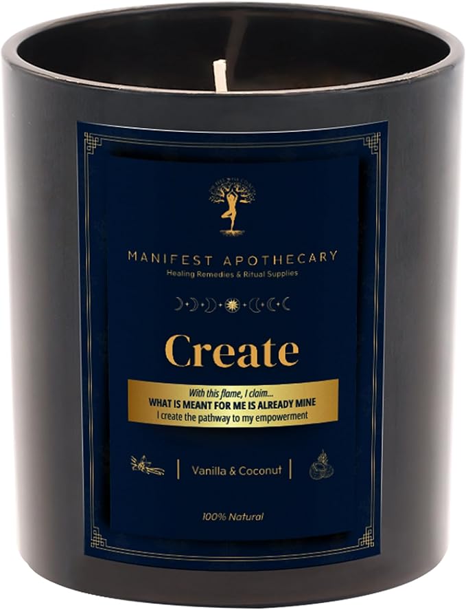 Create Aromatherapy Candle – Vanilla & Coconut Scent with Cinnamon and Rose Quartz Crystals – Hand-Poured Soy Candle for Inspiration, Creativity & Manifestation by Manifest Apothecary- Blue (Create)