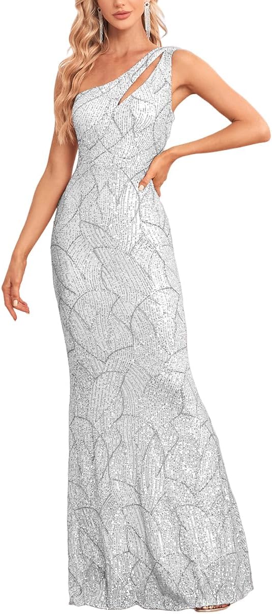 One Shoulder Formal Sequin Dress for Women Sparkly Bodycon Evening Gowns Maxi Mermaid Ball Long Dresses