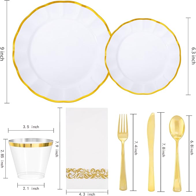 LIYH 700 Pcs Gold Plastic Dinnerware Set for 100 Guests - Plastic Wavy Plates for Party Includes Disposable Plates, Cups, Napkins and Disposable Gold Sliverware for Wedding Birthday