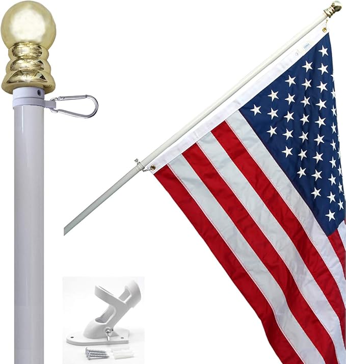 American flag and pole kit set: Includes a 3x5 ft Embroidered US flag made in USA, 6 ft aluminum tangle free spinning flag pole with carabiners, and flagpole holder wall mount bracket (White)