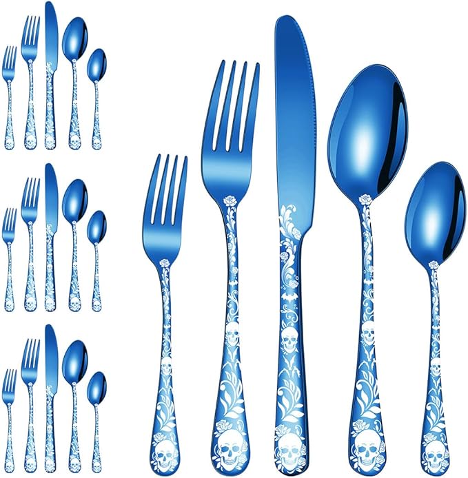 XIAOYU 20 Piece Halloween Skeleton Tableware Silverware Set, Metal Flatware Set Service for 4, Gothic Unique Skull Flower Pattern Design, Skeleton Utensil Cutlery Set for Halloween Easter Christmas