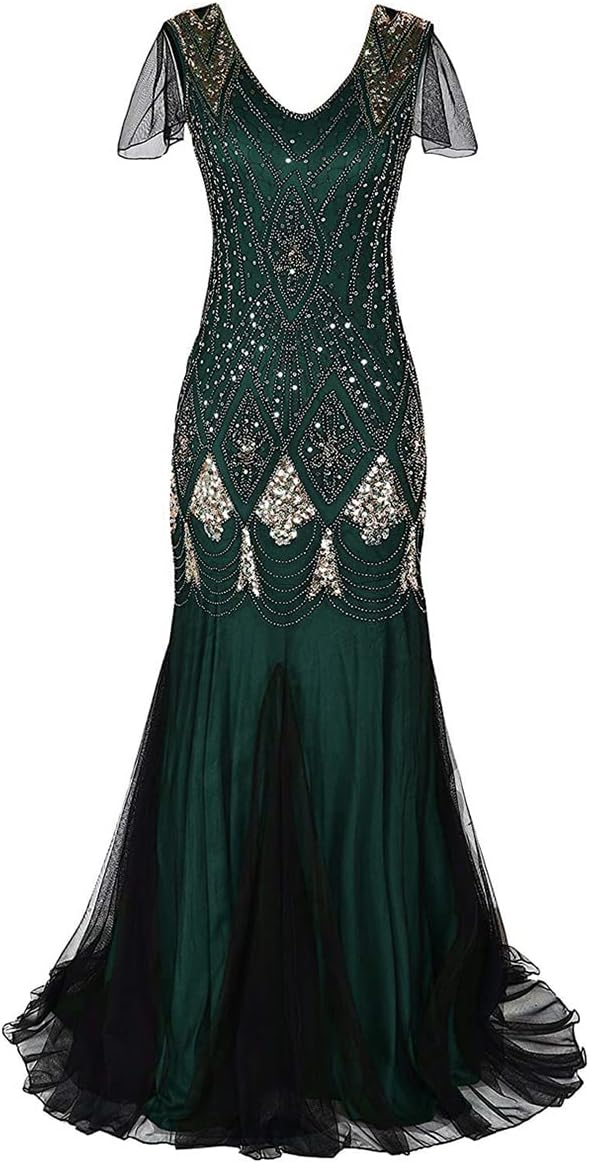 Women Vintage 1920s Gatsby Flapper Evening Party Dress V Neck Art Deco Sequins Mermaid Hem Cocktail Formal Long Maxi Gown