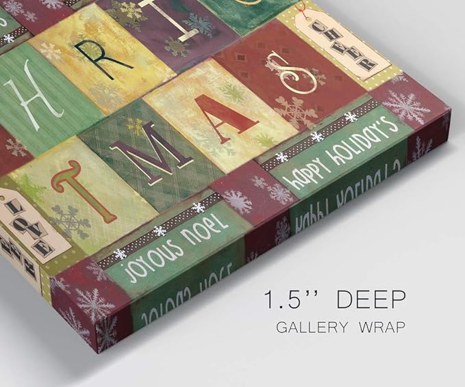 Renditions Gallery Christmas Word Art Wall Art, Cute Winter Decor, Colorful Wrapping Paper Like Designs, Snowflakes, Premium Gallery Wrapped Canvas, Ready to Hang, 40 in H x 40 in W, Made in America