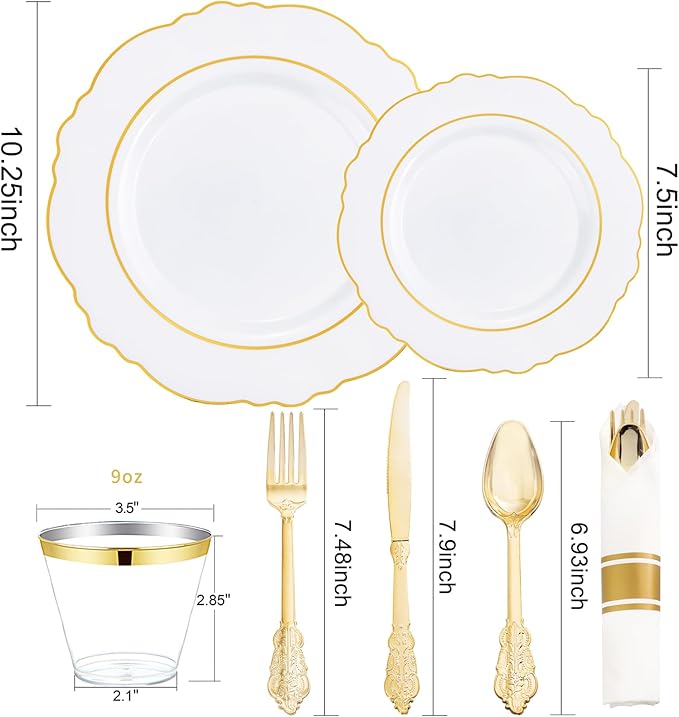 Liacere 175pcs Gold Plastic Plates - White and Gold Disposable, 50PCS Plastic Dinner Plates, Perfect for Wedding & Party & Holiday & Mother's Day & New Year