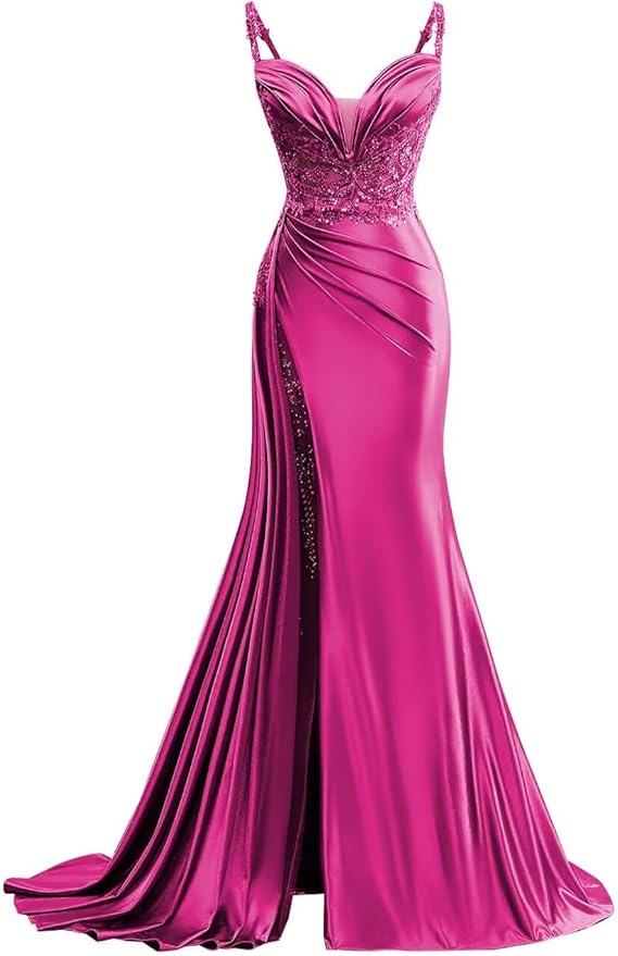 V Neck Satin Prom Dresses Long Mermaid Lace Evening Gown with Slit Pleated Bodycon Formal Dress with Tail