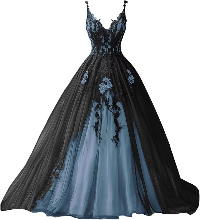 TRHTX Spaghetti Straps Wedding Dresses for Bride Layered Tulle Gothic Black Bridal Gowns Lace Applique Wedding Gowns