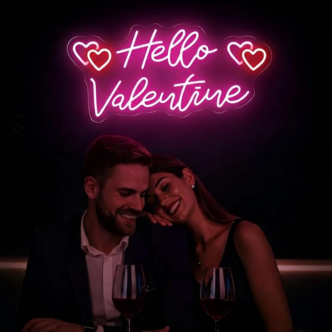 Hello Valentine Neon Sign for Wall Decor, Sweet Pink Heart LED Neon Light for Valentine’s Day Decorations, Neon Wall Art for Bedroom, Living Room & Romantic Date Night Decor 16.5"x8.5"