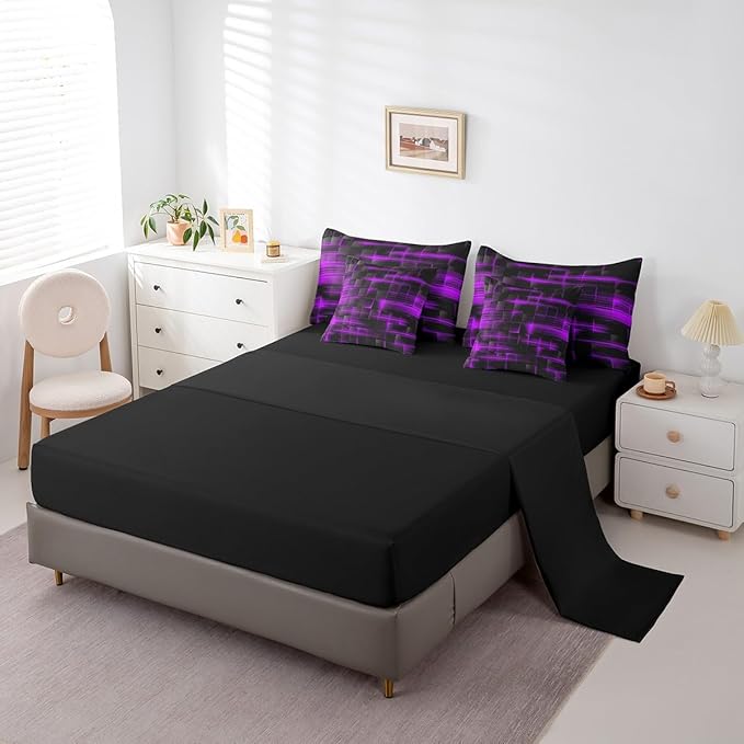 Feelyou Purple Black Bedding Set Twin Size Boys Girls Geometric Strip Lines Comforter Set with Sheets 7 Piece for Bed in a Bag Abstract Modern Bed Set with Comforter,Sheets,Pillowcases
