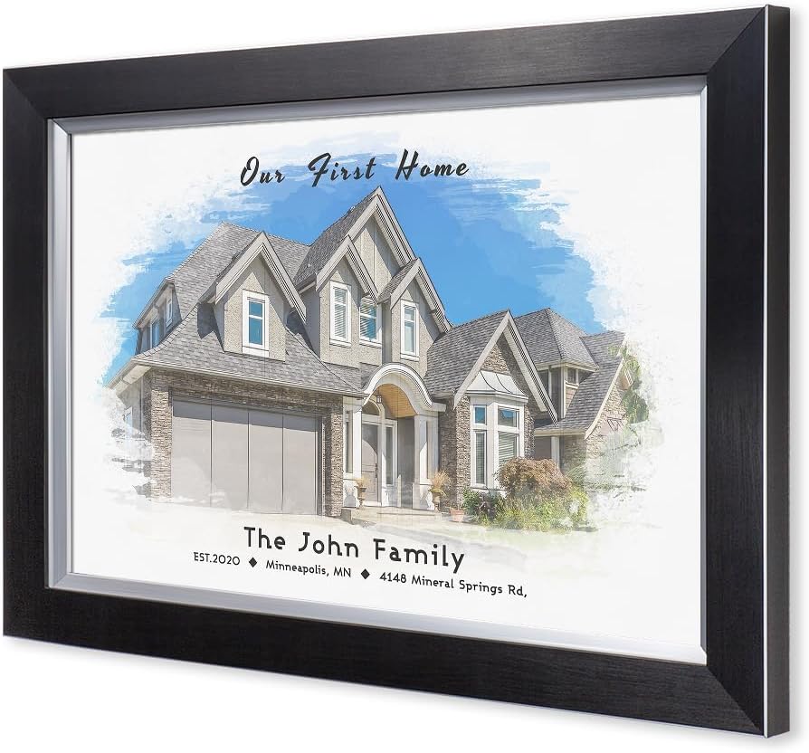 IPIC - Custom Watercolor House Portrait.Personalized Artwork with Names and Date on, Customized Gift for Anniversary,Wedding,Birthday and Holidays. Picture size: 18x12, Framed Size: 21x15