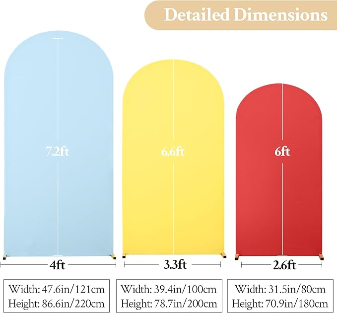Rainbow Arch Backdrop Cover 7.2FT 6.6FT 6FT Stretchy Wedding Arch Covers Set of 3 Spandex Fitted Blue Yellow Red Fabric Backdrop Cover for Party Baby Shower Birthday Decoration