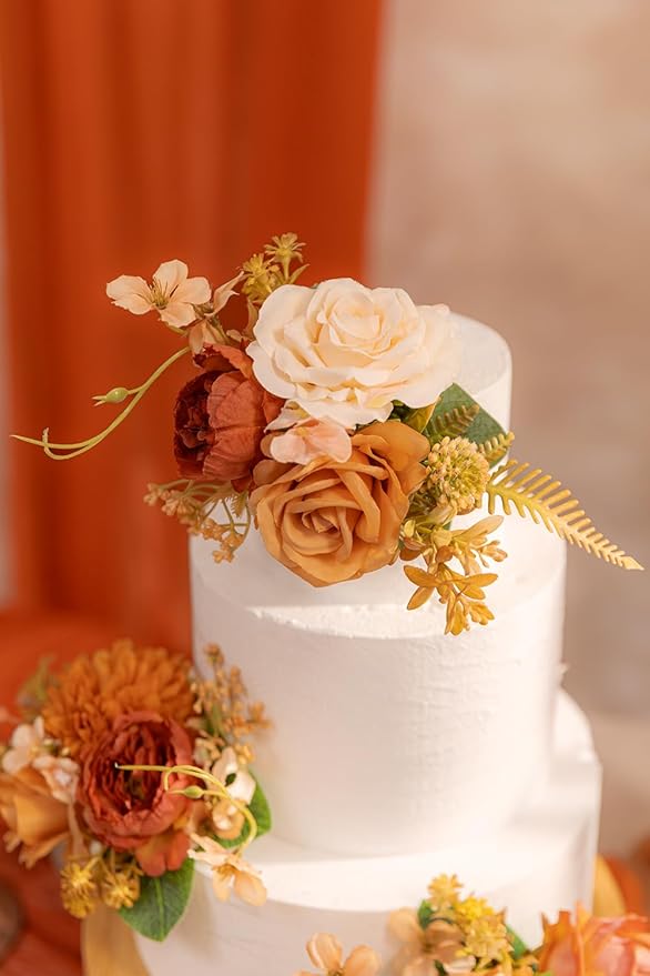 TINGE TIME 3Pcs Pre-made Cake Toppers，Silk Artificial Flowers Decor，Cake Decorations for Weddings, Birthdays, Party,Baby Shower,Celebration (Burnt Orange)