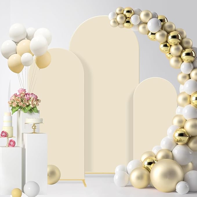 Wedding 3-piece metal wedding arch background bracket (4, 5, 6) with cover cloth - suitable for weddings, birthdays, baby showers, and anniversary celebrations (Beige, 6*6.6*7.2)