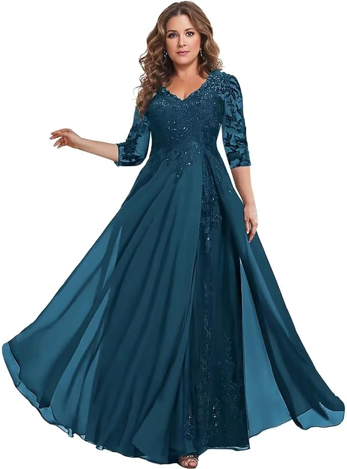 Long Sleeve Mother of The Bride Dress for Wedding Chiffon Lace Applique Formal Gowns BOF163