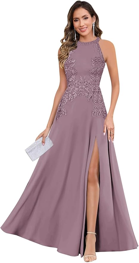 GUKARLEED Halter Lace Appliques Mother of The Bride Dresses for Women Long A-line Formal Wedding Guest Dress with Slit