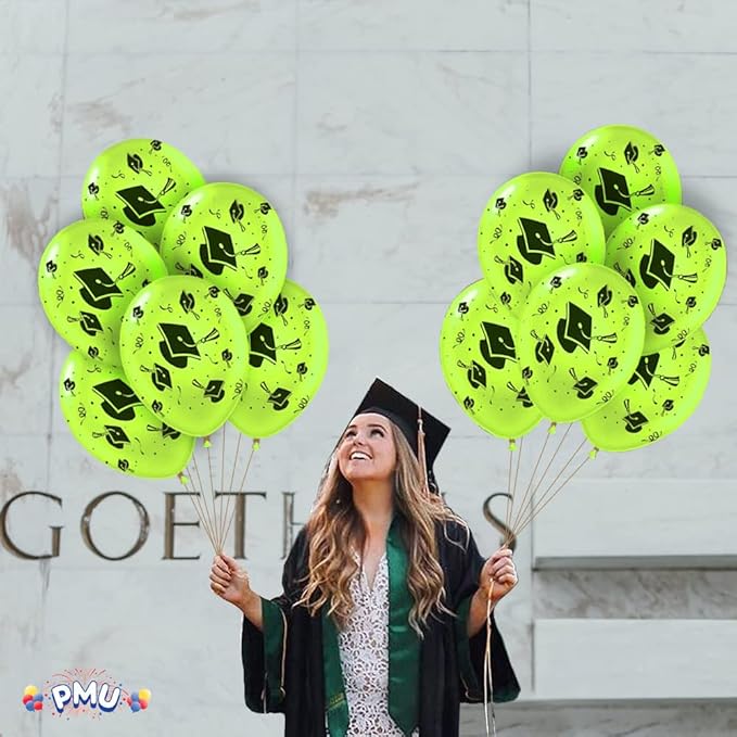 PMU 100 Pcs Lime Green Graduation Balloons Class of 2025 with All-Over Print White Grad Caps-Confetti and Streamers | Graduation Party Supplies | Congratulations Grad Latex Balloons Latex
