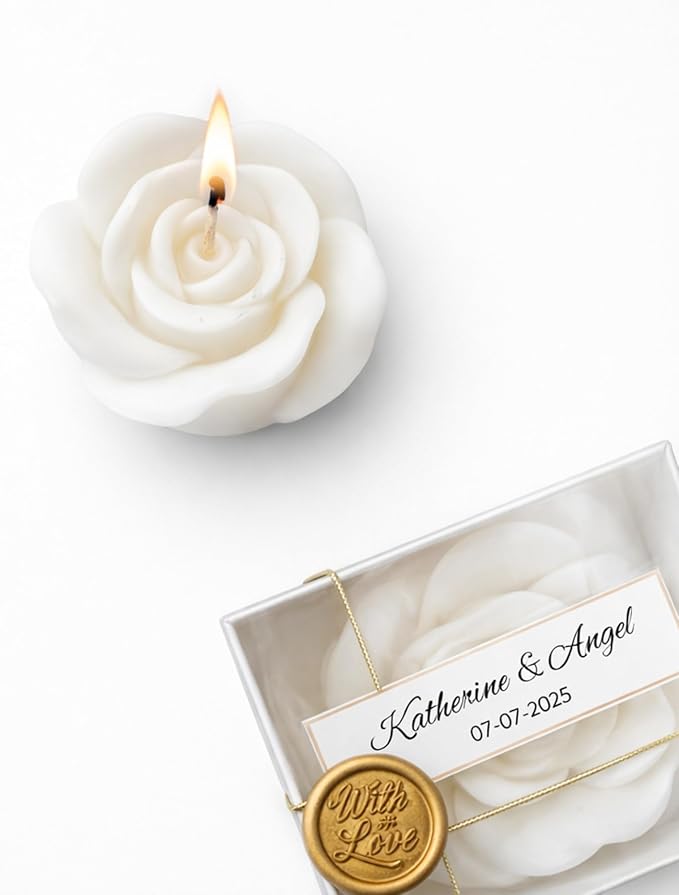 White Rose Petal Soy Wax Candles in Bulk – Rose Candle Wedding Favors for Guests, Personalized Candle Favors for Bridal Shower & Baby Shower Gifts – Dried Flower & Wax Seal Design (20 Pieces)
