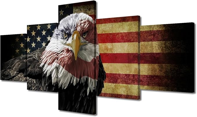 5 Piece American Flag Canvas Wall Art Wooden Flag Wall Art Army Decor Military Art American Flag Poster Patriotic Wall Art Bald Eagle Decor for Home Office Decor Framed Ready to Hang 50"Wx24"H