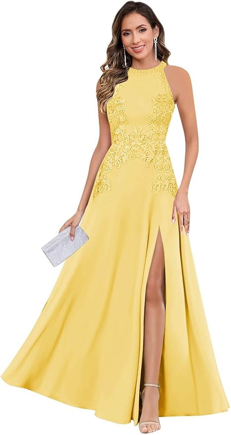 GUKARLEED Halter Lace Appliques Mother of The Bride Dresses for Women Long A-line Formal Wedding Guest Dress with Slit