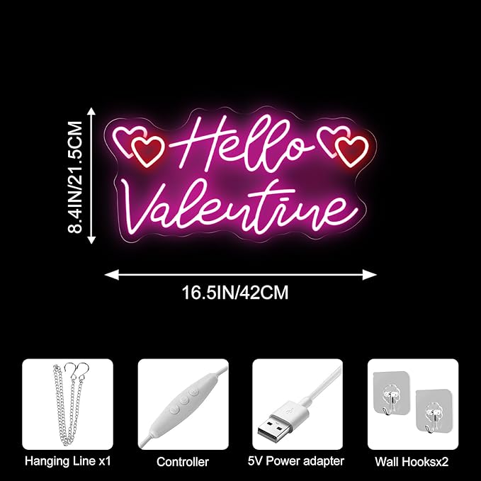 Hello Valentine Neon Sign for Wall Decor, Sweet Pink Heart LED Neon Light for Valentine’s Day Decorations, Neon Wall Art for Bedroom, Living Room & Romantic Date Night Decor 16.5"x8.5"
