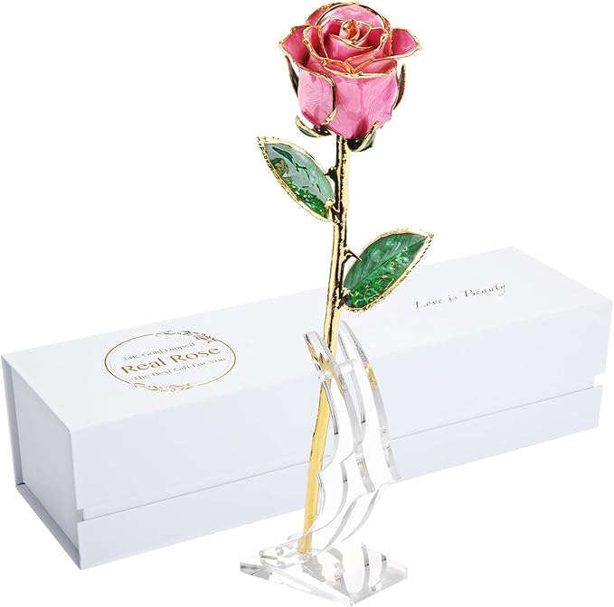 Anniversary Rose Gift for Her, Gold Dipped Rose is Attractive Luster and Natural Shape, Best Gifts for Anniversary Wedding Valentines Day (Pink Original Rose with Stand)