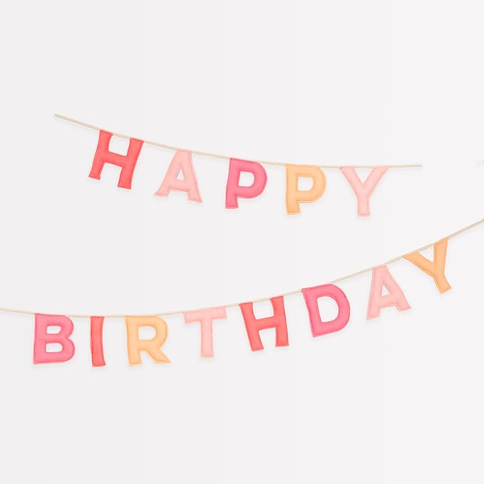 Meri Meri Pink Felt Happy Birthday Banner (Pack of 1), Reusable Party Decoration, 10' Happy Birthday Party Banner Including Excess Cord