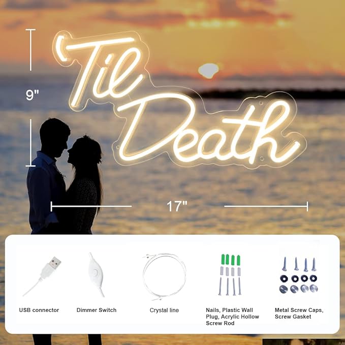 JXIN Til Death Neon Sign for Wall Decor, LED Light Signs for Wedding Engagement Birthday Anniversary Proposal Party Bedroom Office, Wedding Gifts for Loved Ones, 16"x9" Warm White