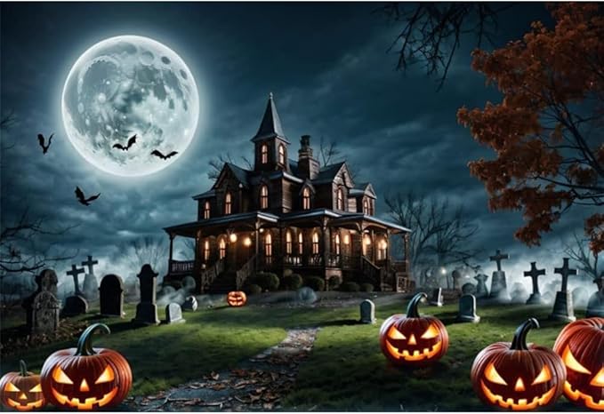 Halloween Backdrop Cemetery Haunted House Backdrop Scary Pumpkin Lamp Night Full Moon Photography Background Theme Party Banner Photo Studio Props 15x10ft（450x300cm）
