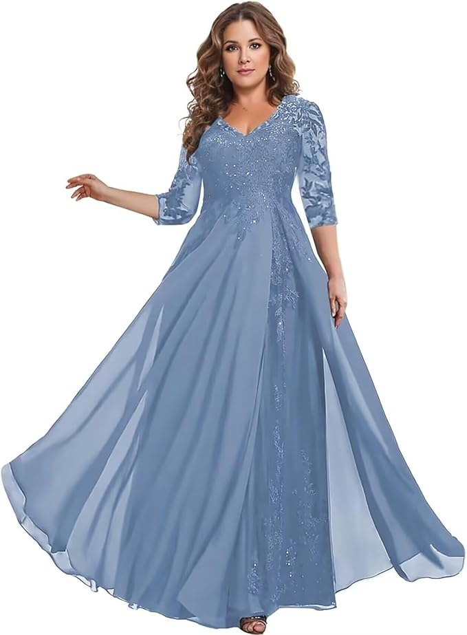 Long Sleeve Mother of The Bride Dress for Wedding Chiffon Lace Applique Formal Gowns BOF163