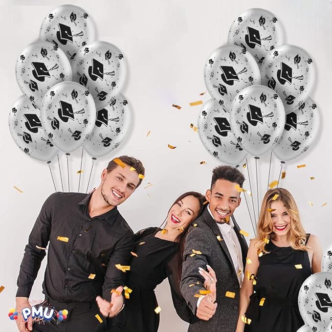 PMU 100 Pcs Silver Graduation Balloons Class of 2025 with All-Over Print White Grad Caps-Confetti and Streamers | Graduation Party Supplies | Congratulations Grad Latex Balloons Latex